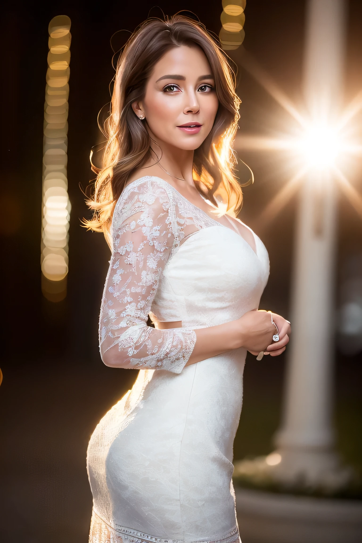 Caucasian brown-haired woman, 50 years old, goddess, bloom, Lens flare, (8k, born, Professional, highest quality, masterpiece:1.2), (Realistic,photoRealistic:1.37), Very detailed, Back view, (25mm portrait wide angle), (Most detailed skin:1.2), (The most detailed face:1.2), Cinema Lighting, 1 Female, European, Straight brown hair, (the wind is strong), Death Files on Fashion Events, ((at night)) Warm White Light, Looking at the camera, ((Fashion complex black dress)), polite smile
