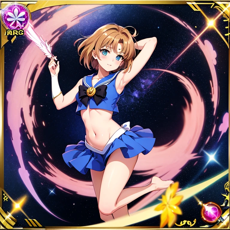One girl, Magical girl,Suspected habitat, Great quality, alone, Long Hair, Winged Bangs, Provocative, Space Background, Beautiful colors, (Great quality:1.5), masterpiece,Belly button exposed,Lift one leg,Spread one leg,barefoot,Sailor Moon,Magical girlマギ・マドケス,Card Captor Sakura,dynamic pose,leg up,midriff peek,