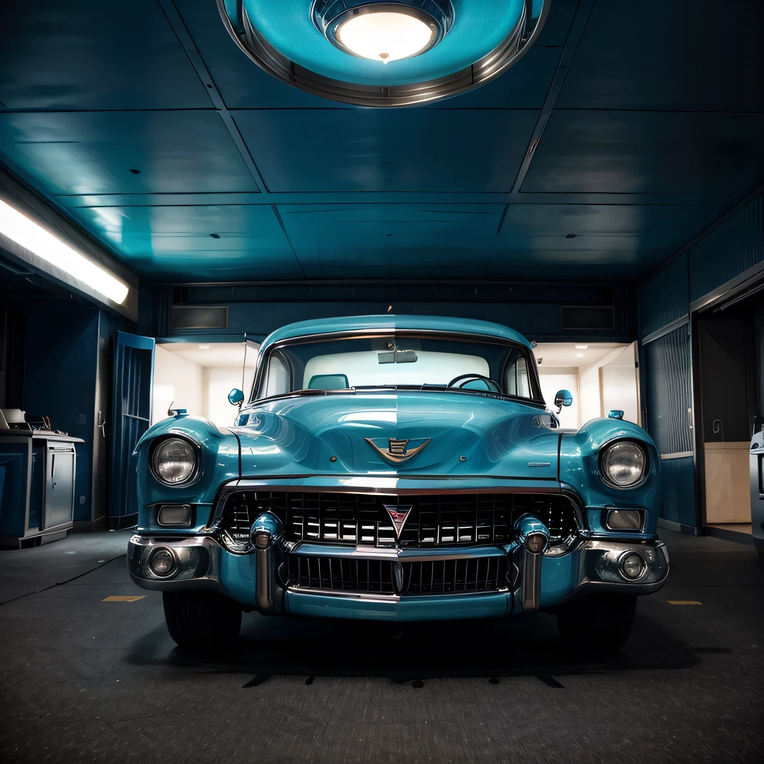 /imagine prompt: 1950's futuristic convertible Cadillac, cerulean blue color, aerial photograph, 8k, full body shot, fantastic realism, retrofuturism, hyperrealistic, dual lighting, deconstructivism architecture, robot