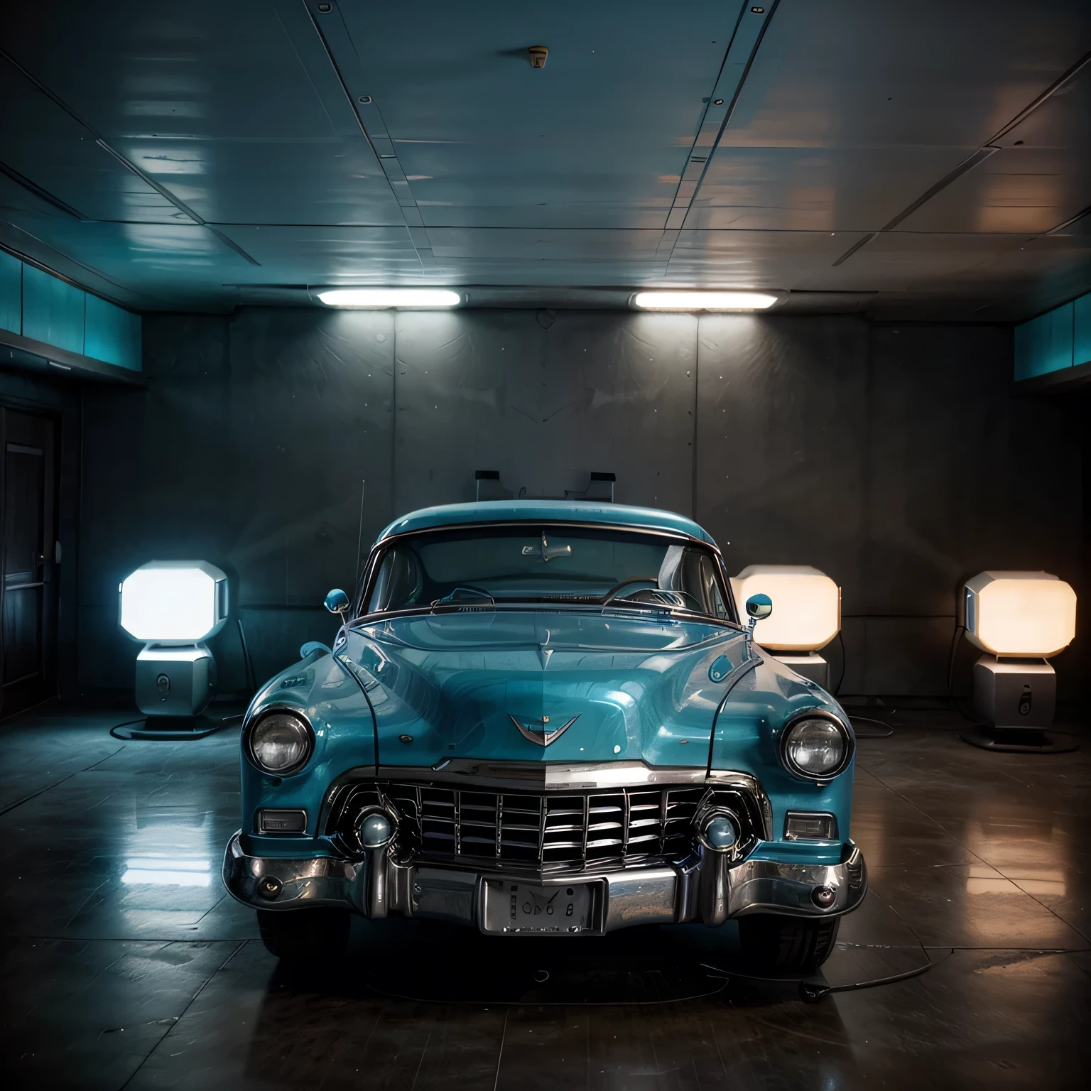 /imagine prompt: 1950's futuristic convertible Cadillac, cerulean blue color, aerial photograph, 8k, full body shot, fantastic realism, retrofuturism, hyperrealistic, dual lighting, deconstructivism architecture, robot