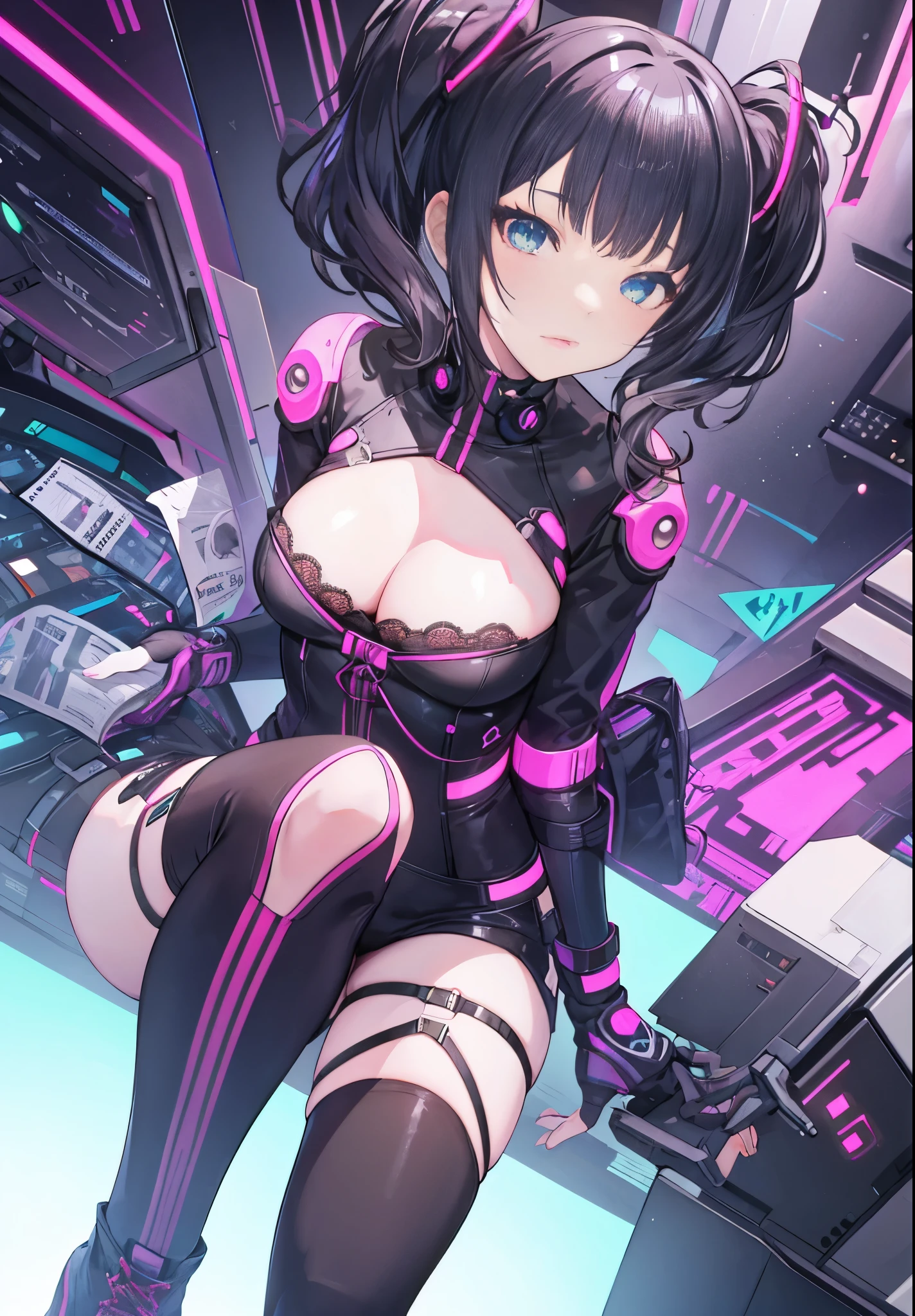 One girl, cyber punk, (whole body:1.1), Knee socks, Cleavage, Perfect Eyes, Perfect Face, Kuvshinov,Futuristic city with neon wash and cyberpunk atmosphere;,lace up boots,wavy hair,twin tail,Medium Hair,