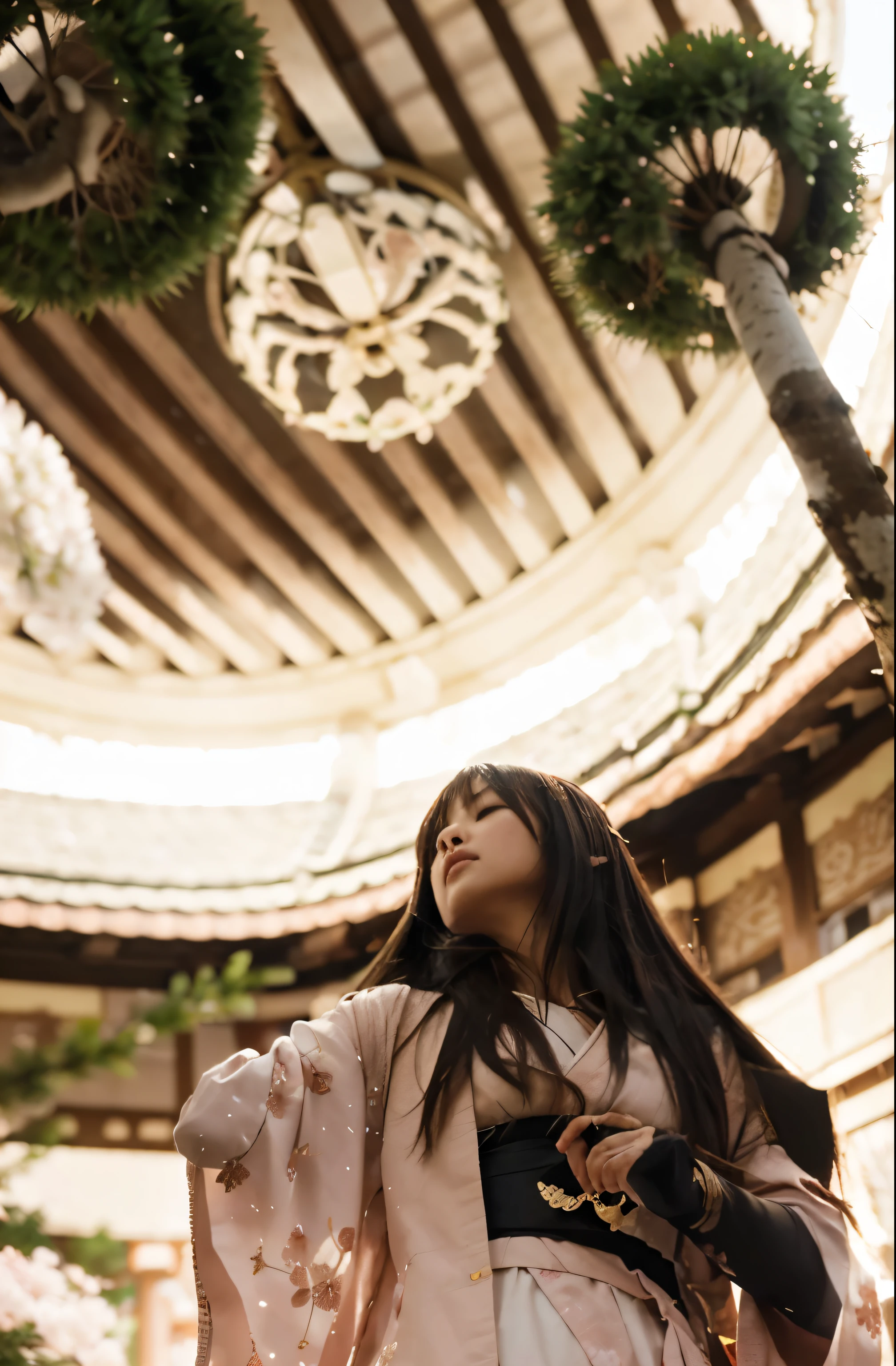 (Best quality, 8k, 32k, Masterpiece, UHD:1.2) Transform the setting into the majestic Grand Narukami Shrine from Genshin Impact, surrounded by a sea of Sakura Trees in full bloom. Picture the ethereal pink petals drifting gently on the breeze, creating a breathtaking canopy above the shrine's ancient architecture. The air is filled with the sweet fragrance of cherry blossoms, while the soft sunlight filters through the delicate branches, casting a warm glow over the serene surroundings. As you stand before the shrine, you can't help but feel a sense of reverence and awe at the beauty of nature and the tranquility of this sacred place. ((Japense Shrine)) ((Cherry Blossom))