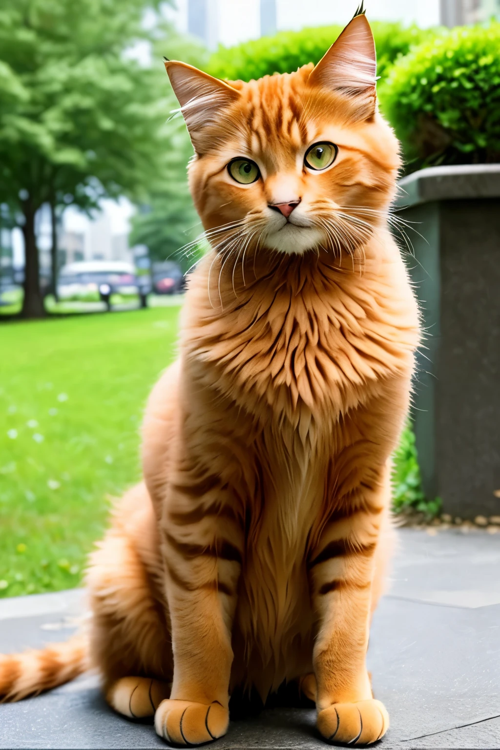 In the bustling heart of the metropolis, a big, fluffy ginger cat with sad, expressive amber eyes felt a pang of sympathy tug at his heartstrings. He, too, had once been a stray, wandering aimlessly in the labyrinth of concrete jungles, understanding all too well the bittersweet taste of loneliness. Without hesitation, he scooped up the tiny, shivering feline in his large, gentle paws and cradled it against his expansive chest, providing warmth and comfort to the vulnerable, fragile creature. Their bond, forged in the crucible of shared experiences, began to grow as they rested there, two solitary