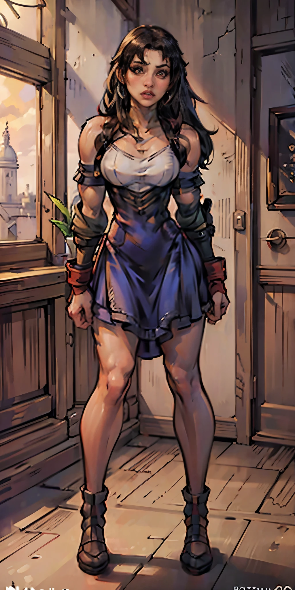 8k, best quality, masterpiece:1.2) (realistic, photo-realistic:1.37) (full body) 1female solo girl, standing, legs apart (wide stance) standing contrapposto, ultra-detailed, cute (Tifa Lockhart) Final Fantasy VII