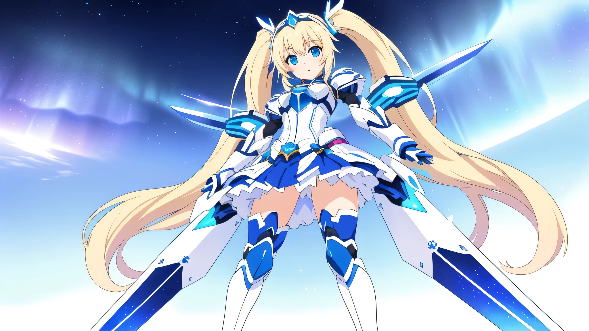 Rapariga, cabelos azuis, cabelos longos, olhos vermelhos, uniforme branco, blank space uniform, robot girl, Mecha girl, robot rockets in back, sorridente, em uma cidade, 4k, master part, disco Rigido, anime, Anime 2D