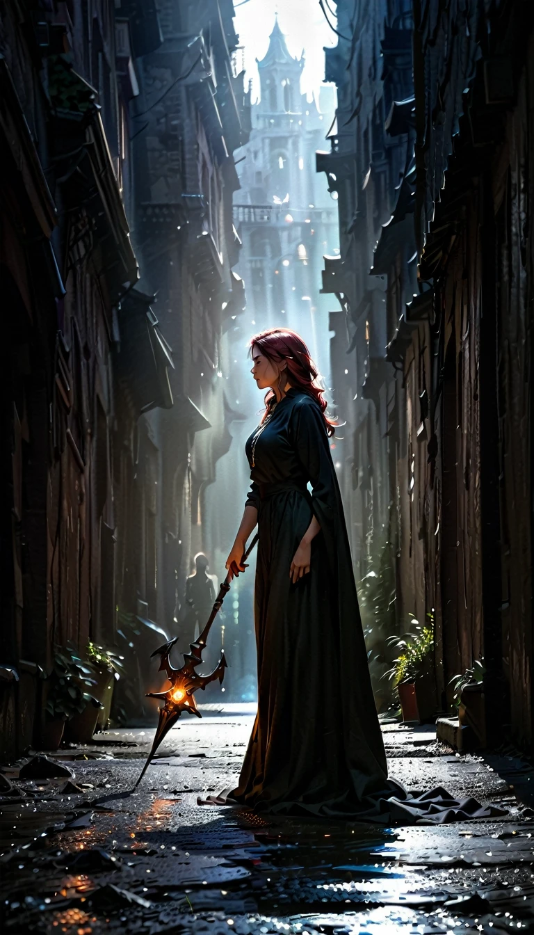 (best quality,4k,8k,highres,masterpiece:1.2),(full silhouette:1.5),(full shot:1.4), ultra-detailed,(realistic,photorealistic,photo-realistic:1.37),Witch,RPG,Sorceress,Magic,Red-haired Woman,beautiful detailed eyes,beautiful detailed lips,extremely detailed eyes and face,longeyelashes,Vibrant and colorful,swirling magical aura,fantasy setting,medieval-inspired clothing,mystical staff,casting a powerful spell,with an air of mystery,dark and enchanting background lighting,Please make sure that the sorceress's facial features are distinct and detailed, denoting her beauty and magical abilities,Cinematic Hollywood Film style