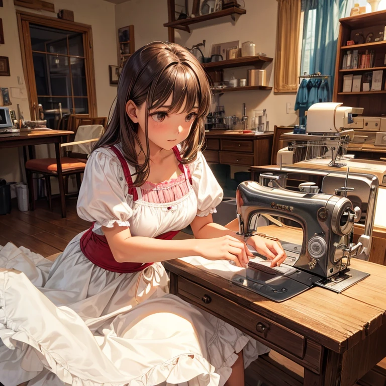 Dressmaker 25 years, straight brown hair, morena clara, light brown eyes, machine sewing, sewing machine, tijeras, hilos, tela,