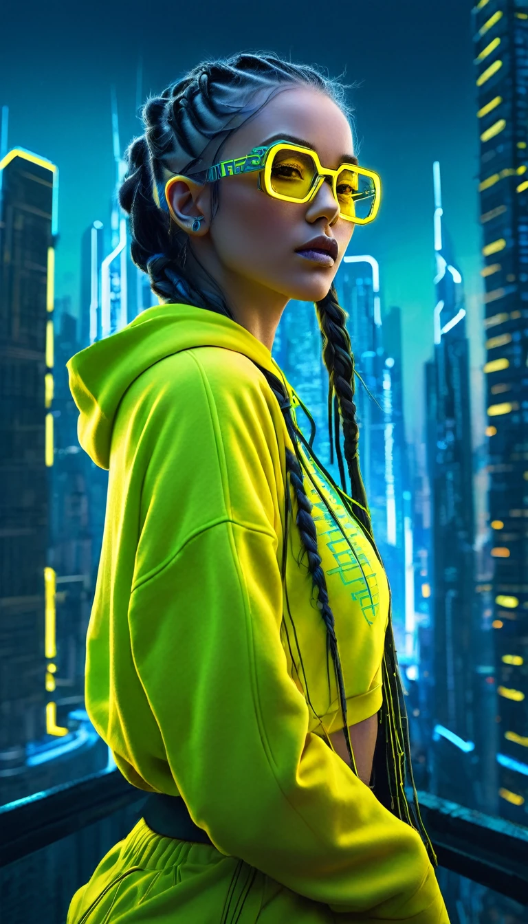 A striking illustration of a modern woman dressed in cyberpunk attire. She wears a bright yellow hoodie with a futuristic design and yellow glasses that frame her face. Her long hair is braided and styled in a unique pattern, with neon blue strands interwoven. The background is an urban landscape with towering skyscrapers and neon lights, creating a futuristic and dystopian atmosphere., illustration