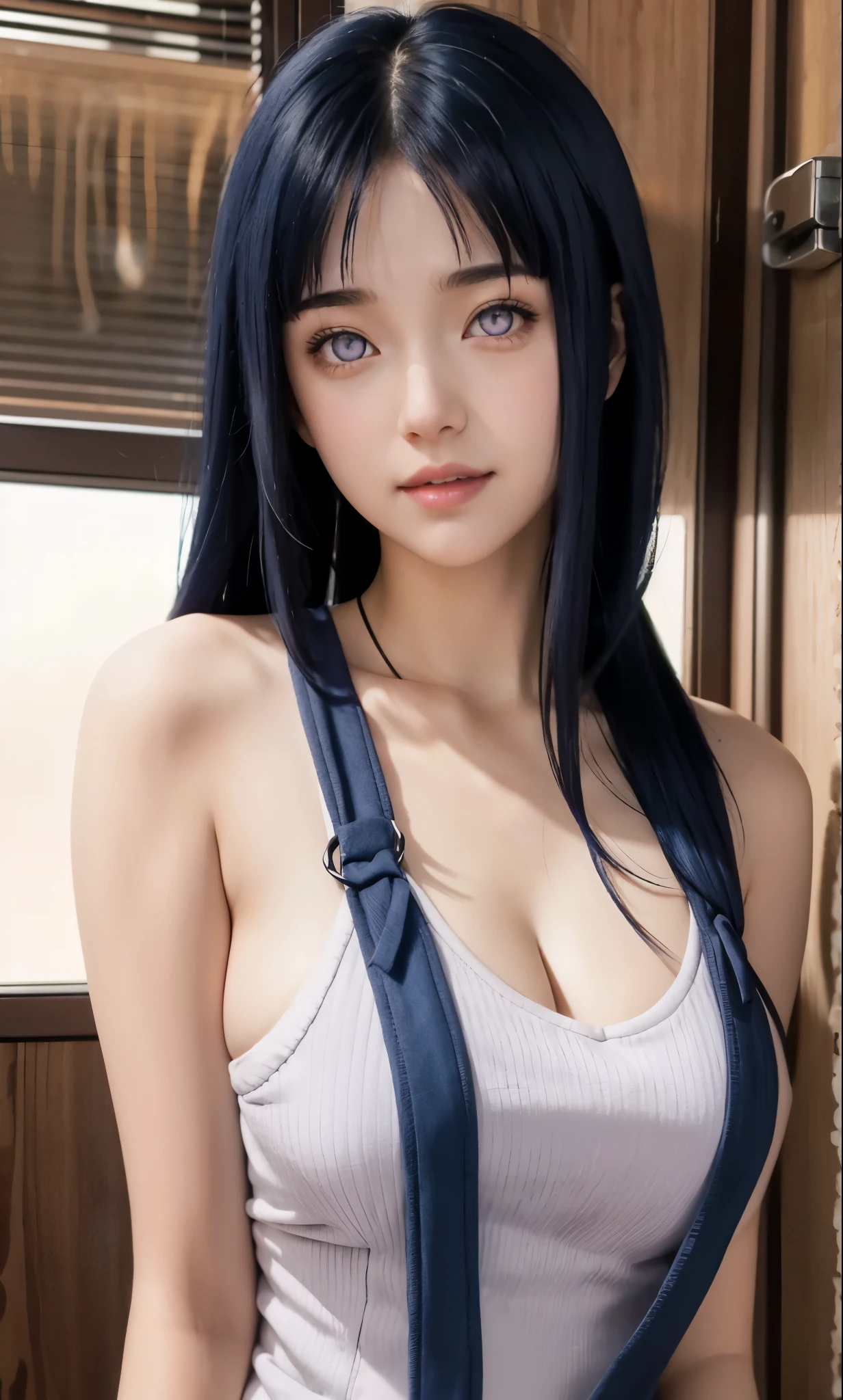 close up image of a person with long hair and a hoodie, hinata hyuga, hinata hyuga from naruto, from naruto, as an anime character, perfect anime face, she has dark blue hair with bangs, female anime character, anime characters, best anime girls, style hime cut hair, dark blue hair, pink lips, light purple eyes, smile, (pretty face:1.3)