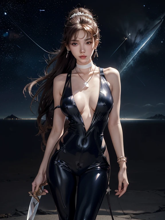 best quality, masterpiece, Ultra-high resolution, lifelike, (panoramic:1.5), (1 girl),(Long hair,Tied into a very long ponytail),(Hair accessories:1.4),There are many chains around the girl binding her,whole body黑丝,Black Focus, Good shape, whole body，Random Pose Reference, Single eyelid eyes, High nose bridge、Pointed nose, V-Shaped Face, Pale skin, Smile, Bokeh   (Show side breasts,round chest,Soft breasts,Breasts are elastic,Shiny Breasts,Breasts are slightly sagging,Slightly larger breast size(white chocker necklace:1.6),(earrings:1.3 )、 (pleading eyes:1.0),(Chu Chu pitiful,frown:1.2) (Deep sadness、sorrow、open mouth :1.2 ) (Close your eyes:0.5)(Open lips:1.0) (Expression of enjoyment:1.2)(slim and slender figure:1.3) (Wearing a slightly transparent latex jumpsuit,There are scars on clothes,Show cleavage)(STELLAR BLADE,EVE:1.6)(Hair accessories:1.4) 