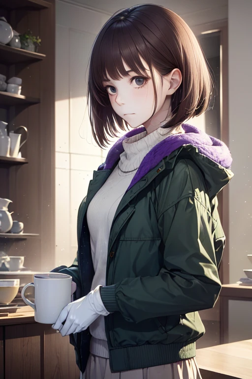 1girl, Brown hair, bob haircut, with bangs, purple snow jacket with green sweater inside, hands crossed, slightly serious expression, white gloves, coffee shop, beautiful detail eyes, realistic hands, (from side:0.8), full shot, (detailed light:1.1), (stylized:1.2), (Highly detailed), (high resolution), (Best quality), (masterpiece)