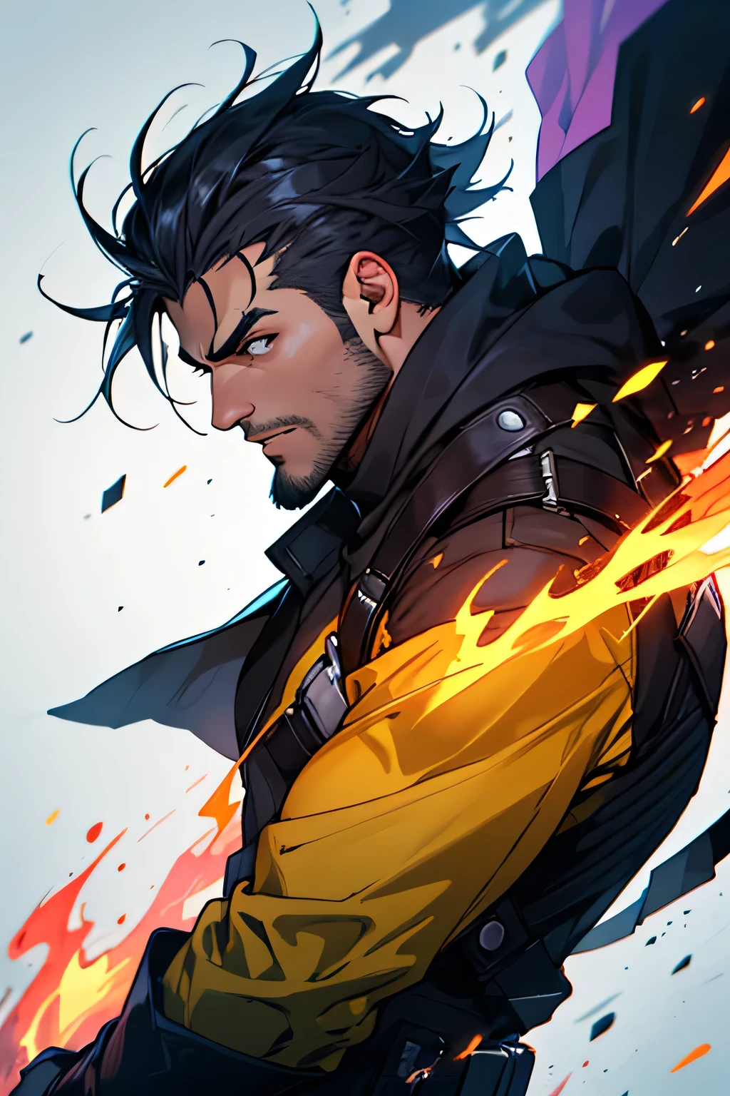 Rapaz bonito e barba linda detalhado seu corpo , com seu estilo de roupa gamer com efeitos de chamas, with his serious detailed face with super powers of yellow flames