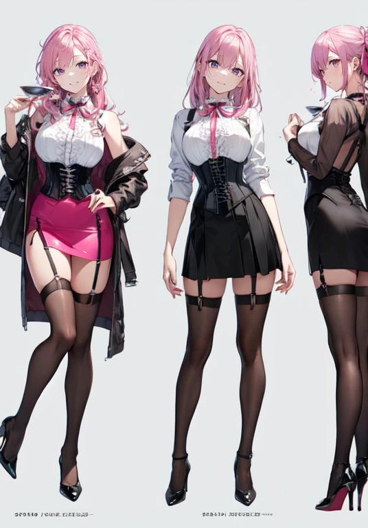 pink hair,Long hair,Adult female,Bartender,((Body harness)),((Rolling up your sleeves shirt)),(Corset),(Tight skirt),Garter belt,High heels,((Simple background)),Smile,((Full body)),((whole body)),Character Sheet,