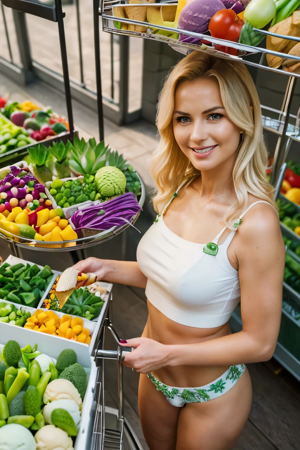 ((photorealistic:1.4), 8K, masterpiece), Close-up portrait of a radiantly beautiful blonde mother, aging gracefully with a hint of seduction, adorned in a white cropped top and alluring green short shorts, engaged in lively conversation on her cell phone with a delightful expression, her gaze fixated to the left. (She pushes a trolley brimming with fresh vegetables, succulent steak, diapers, and delectable ice-cream towards the camera:1.4). (Her hands, perfect in form and Complexion, gently holding the phone and trolley handle:1.2), (The vibrantly colored