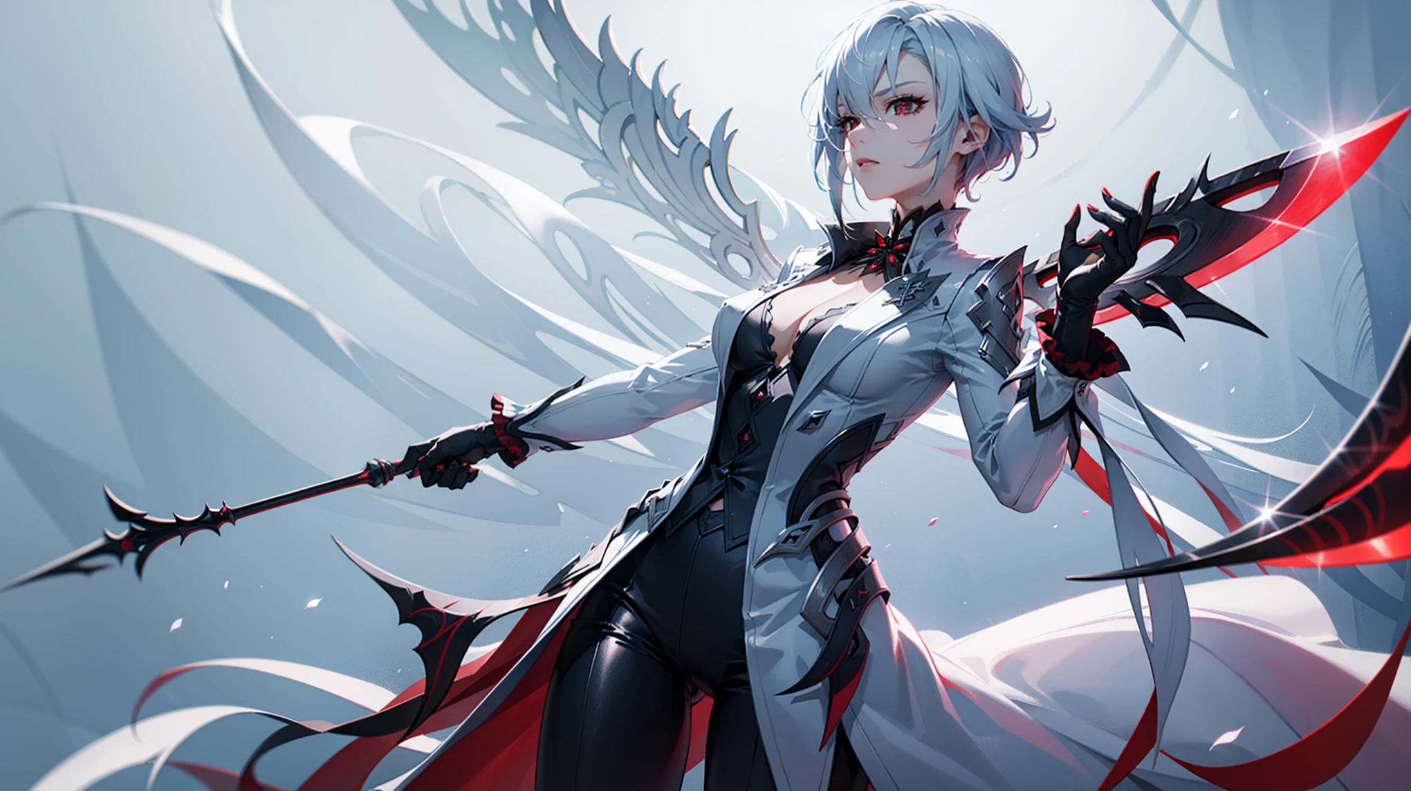 woman, in her twienties, short hair, proportional hands, Arlecchino anime eyes, perfect body, white coat, wearing black leggings, Ultra HD, 4k image, image of best quality, (fidelity: 1.4), photoreal, Red eyes, eyelashes, beautiful pupil, red shadows, reasonable facial features, natural poses, 1 girl, standing, fully dressed, serious face, very detailed face, high quality face, 4k, tired face, small dark circles eyes, black gloves, holding a crimson scythe, big breast