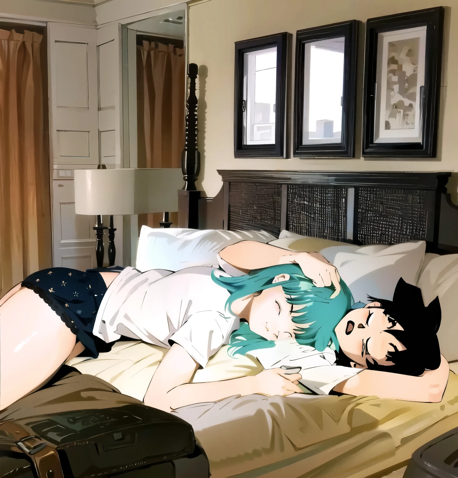 anime - style image of a woman lying on a bed with her head resting on a pillow, Anime girl with teal hair, fundo de anime, estilo anime mixed with fujifilm, estilo animed digital art, cena de anime, made with anime painter studio, 2 d estilo anime, anime linda cena de paz, anime vibes, papel de parede de anime, estilo anime. 8k, papel de parede de arte de anime 8k