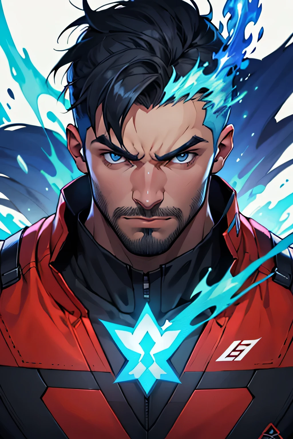 Rapaz bonito e barba linda detalhado seu corpo , com seu estilo de roupa gamer com efeitos de chamas, with his serious detailed face with blue flame super powers