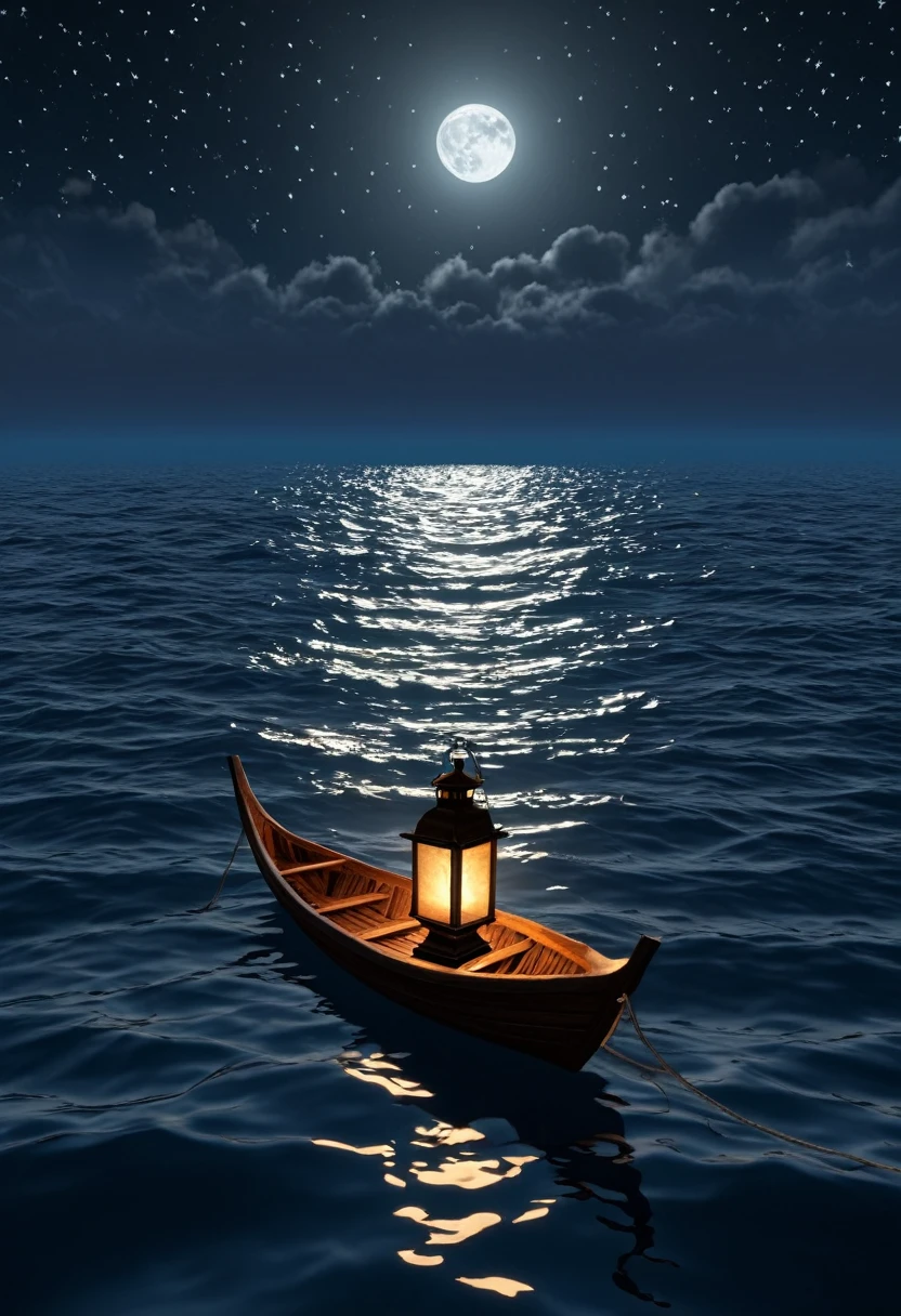 a man rows a small boat across a sea of starsm a small lantern guides his way, a becalmed soul in the sojourn of dreams, (masterpiece, best quality, Professional, perfect composition, very aesthetic, absurdres, ultra-detailed, intricate details:1.3)