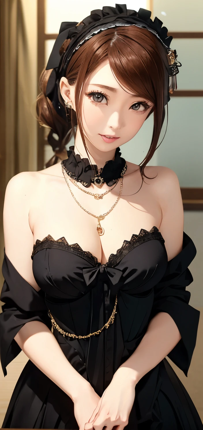 High resolution, 8K, highest quality, detail, semi-real animation, anime 3D style, smooth animation CG, Japanese 20-year-old woman, slim model and sparkling chestnut hair; tie back hair; medium hair; fine-grained face; beautiful fine eyes; shiny skin. (Gothic Lolita fashion), earrings and necklaces; Japanese winter; dead trees; fallen leaves. hard focus. film grain. Soft lighting,