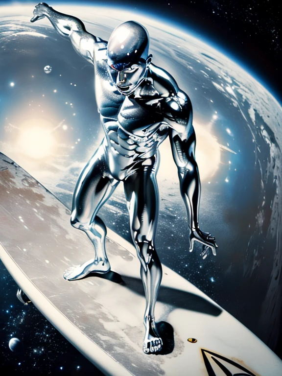 Photorealistic image ((masterpiece)), ((high quality)) UHD 8K of 1boy, alone, realistic silver surfer, tall and thin, silver eyes, ((silver skin)), hyper-realistic, shiny silver, ((no hair, bald)), in space, surfing on a silver surfboard, ((in the surfboard)),  (((non planets))) (((full body view))