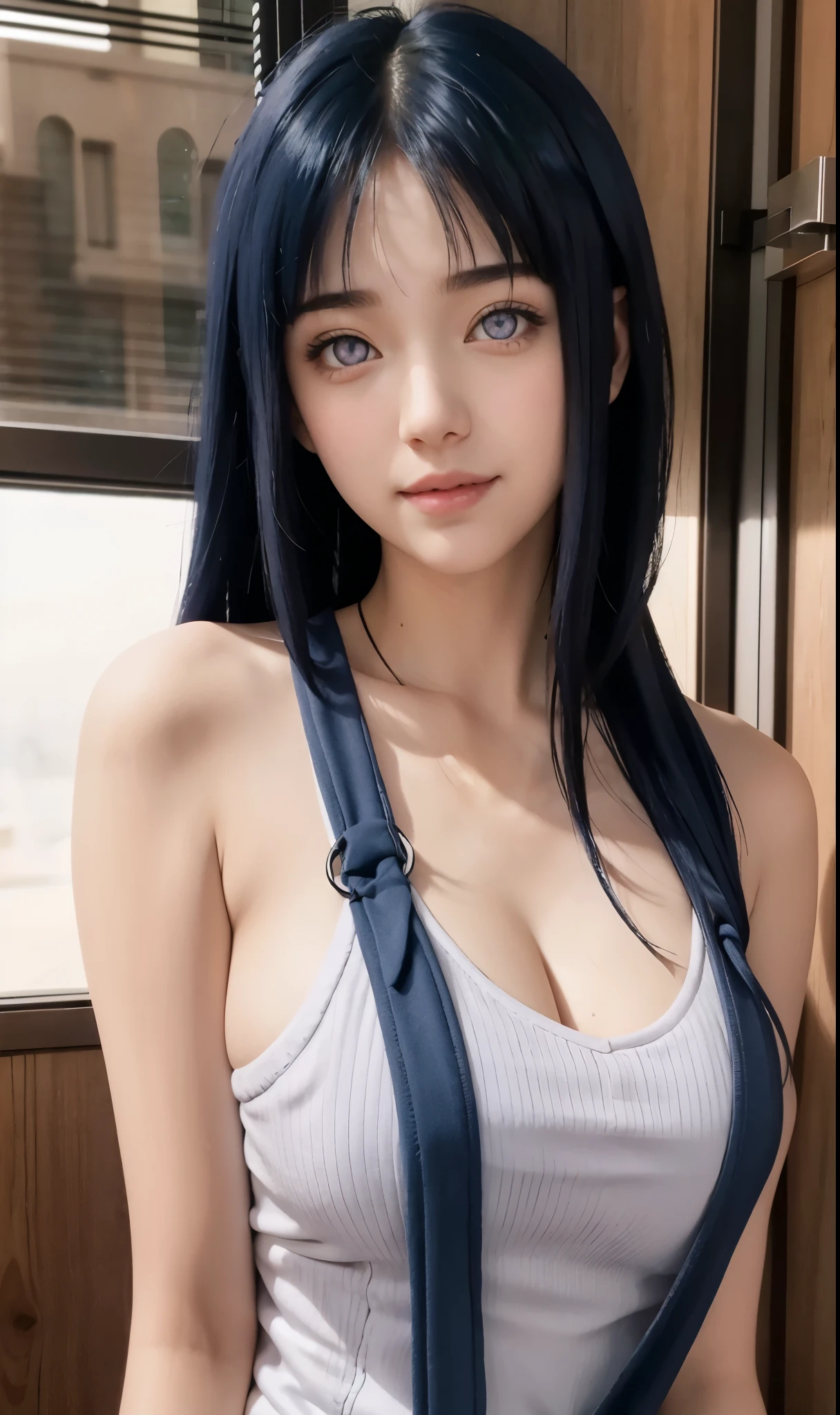 close up image of a person with long hair and a hoodie, hinata hyuga, hinata hyuga from naruto, from naruto, as an anime character, perfect anime face, she has dark blue hair with bangs, female anime character, anime characters, best anime girls, style hime cut hair, dark blue hair, pink lips, light purple eyes, smile, (pretty face:1.3)