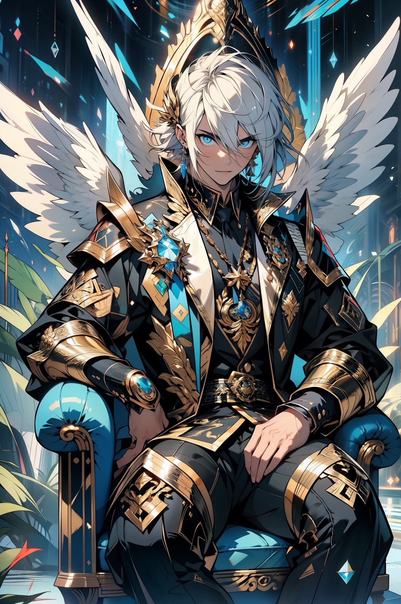1 male angel,cabello plateado,Noble and elegant,ultra-detallado, (s fractal art:1.4), rico colorido, Antecedentes detallados,(Fractales de fondo:1.2),sit on a luxurious sofa,seis alas blancas,armadura dorada,divino,muy contrastado, Trazado de rayos, cinematic lighting, (Empieza desde el frente:0.6)
