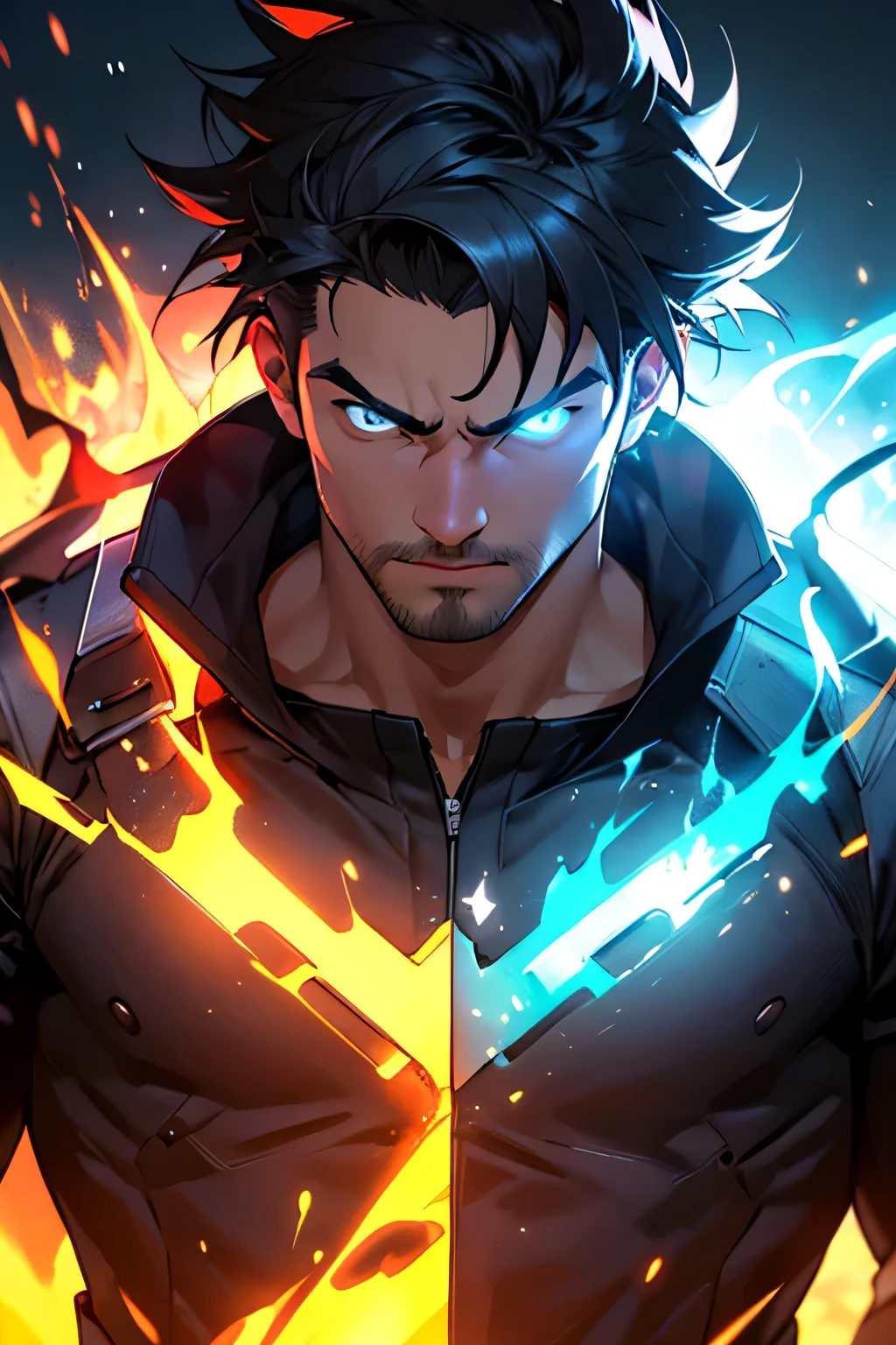 Rapaz bonito e barba linda detalhado seu corpo , com seu estilo de roupa gamer maneira, com efeitos de chamas 3D lutando e fazendo movimentos, with his serious detailed face with super powers of yellow flames, 

