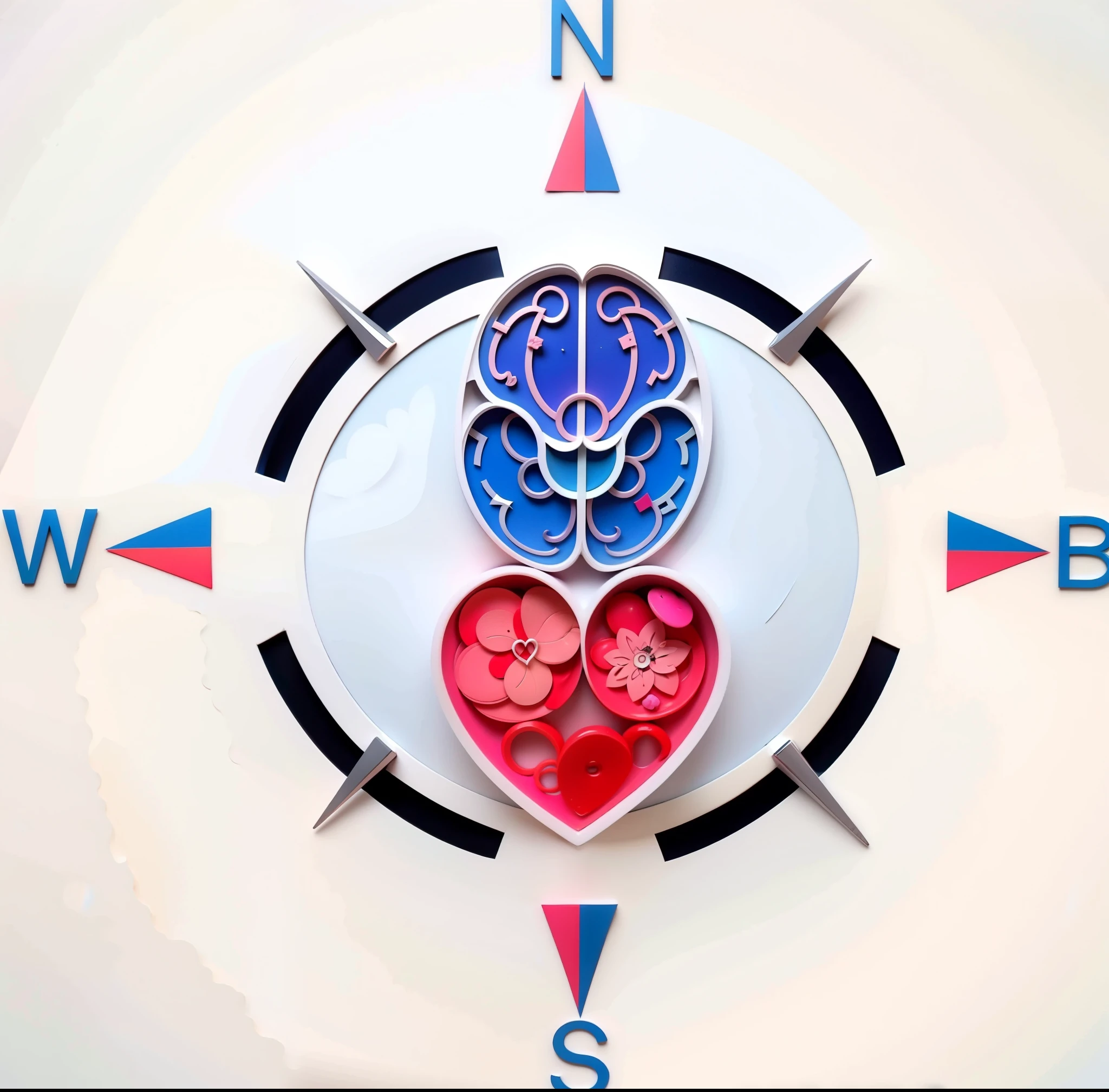 A logo for a company specializing in human resources where the elements are made up of a compass, in the center of this compass there is a drawing of a brain at the top next to the letter N which represents north and below, within the circle, a heart oriented towards the south of the compass the colors used are blue, red and black. a close up of a compass with heart and brain, mechanical heart in center, connected to heart machines, conscience projection, head is Centrado, Centrado in picture, Compass energy flowing, well Centrado, inside the irradiated connection, Neuroscience, complex emotion, video still, easy to understand, mente, Centrado, imagem de perfil, conscience. Logo of a company specializing in human resources where the elements are made up of a compass, in the center of this compass there is a drawing of a blue brain at the top next to the letter N which represents north and below, Inside the circle, a heart oriented towards the south of the compass the colors used are blue, vermelho e preto.