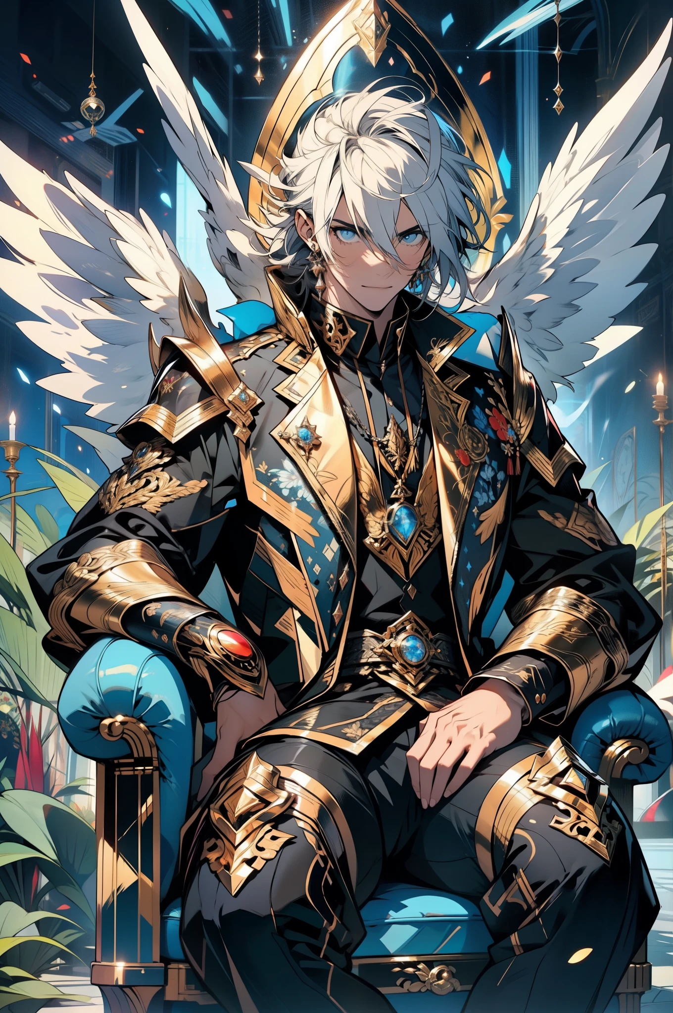 1 male angel,cabello plateado,Noble and elegant,ultra-detallado, (s fractal art:1.4), rico colorido, Antecedentes detallados,(Fractales de fondo:1.2),sit on a luxurious sofa,seis alas blancas,armadura dorada,divino,muy contrastado, Trazado de rayos, cinematic lighting, (Empieza desde el frente:0.6)