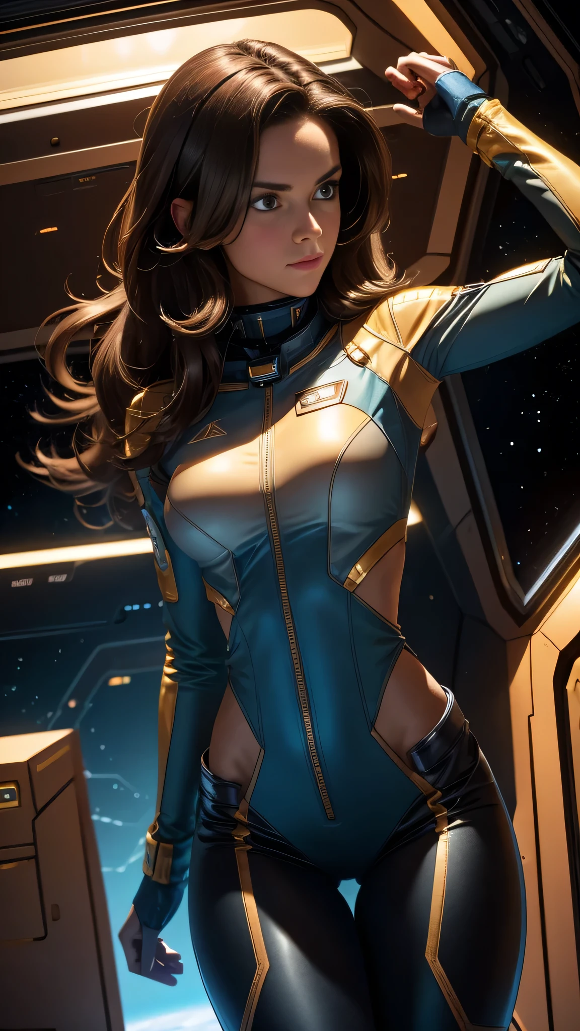 20 years old French woman, ((full body)), ((nude)), ((heavily armored space commander)), beautiful chest, standing with her legs spread apart, in her huge space ship at deep space far from the galaxy, no planet and no moon around there, milky way outside of the ship, zoom in from below