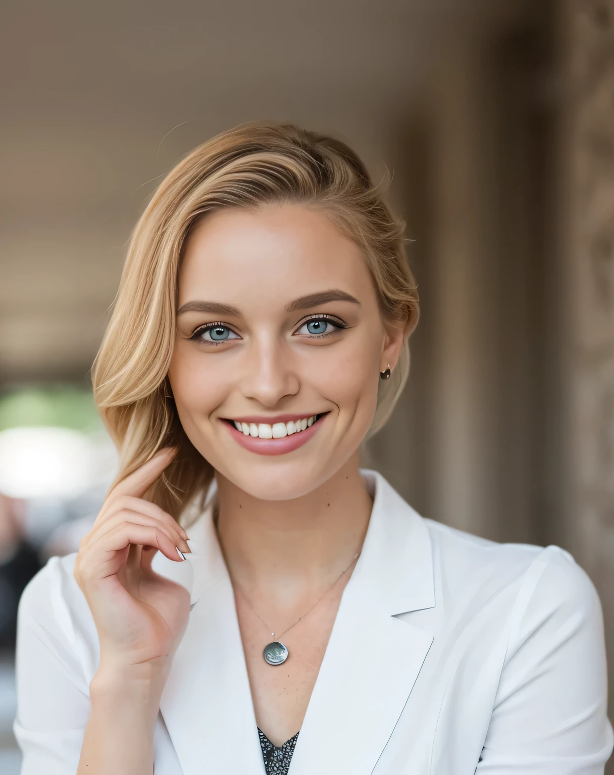 (beautiful, detailreiches Haar blond, blaue Augen, beautiful teeth, whole body recording, mit einem eis in der hand (Adorable freckles), (charming smile, schelmischer Ausdruck), (verspielte Pose), (business dress), (wunderliche Brise, wallende Haare), (Bokeh-Hintergrund), (lebendige Farben, rich tones), (froh, sorglos), (fesselnd, Zauberhaft)