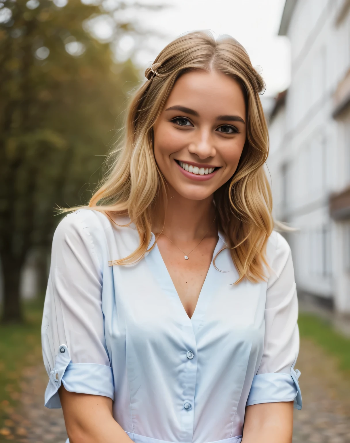 (beautiful, detailreiches Haar blond, blaue Augen, beautiful teeth, whole body recording, am wandern (Adorable freckles), (charming smile, schelmischer Ausdruck), (verspielte Pose), (business dress), (wunderliche Brise, wallende Haare), (Bokeh-Hintergrund), (lebendige Farben, rich tones), (froh, sorglos), (fesselnd, Zauberhaft)