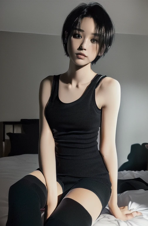 ((Top Quality, 8k, Masterpiece: 1.4)), japanese woman, ((very short cut, skinny:1.4)), ((30 years old:1,0)), ((looking at viewer:1.4)), inside bedroom, ((black kneehighs, black tank top:1.4)),