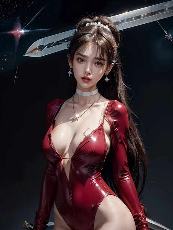 best quality, masterpiece, Ultra-high resolution, lifelike, (panoramic:1.5), (1 girl),(Long hair,Tied into a very long ponytail),(Hair accessories:1.4),There are many chains around the girl binding her,whole body黑丝,Black Focus, Good shape, whole body，Random Pose Reference, Single eyelid eyes, High nose bridge、Pointed nose, V-Shaped Face, Pale skin, Smile, Bokeh   (Show side breasts,round chest,Soft breasts,Breasts are elastic,Shiny Breasts,Breasts are slightly sagging,Slightly larger breast size(white chocker necklace:1.6),(earrings:1.3 )、 (pleading eyes:1.0),(Chu Chu pitiful,frown:1.2) (Deep sadness、sorrow、open mouth :1.2 ) (Close your eyes:0.5)(Open lips:1.0) (Expression of enjoyment:1.2)(slim and slender figure:1.3) (Wearing a slightly transparent two-piece dark red one-piece latex suit,There are scars on clothes,Show cleavage)(STELLAR BLADE,EVE:1.6)(Hair accessories:1.4) 