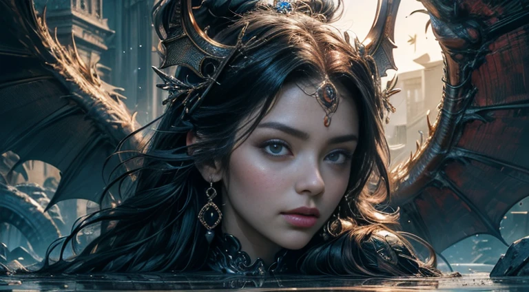 tmasterpiece,top-quality,best qualityer,offcial art,Beauty and aesthetics:1.2),(tmasterpiece:1.3), (8K, realisticlying, RAW photos, best qualtiy: 1.4), beauitful face, (photorealiscic face),Ultra-high resolution, Ultra photo realsisim, highly detailed, the golden ratio, (with dynamism:1.3),(Saturation:1.3),illusory engine, (High detail: 1.9),(femele:1.4),(Large breasts),woman,Dragon's horn,A pair of bat wings,The background is the ruins of a medieval city,Bust,dramaticagia)