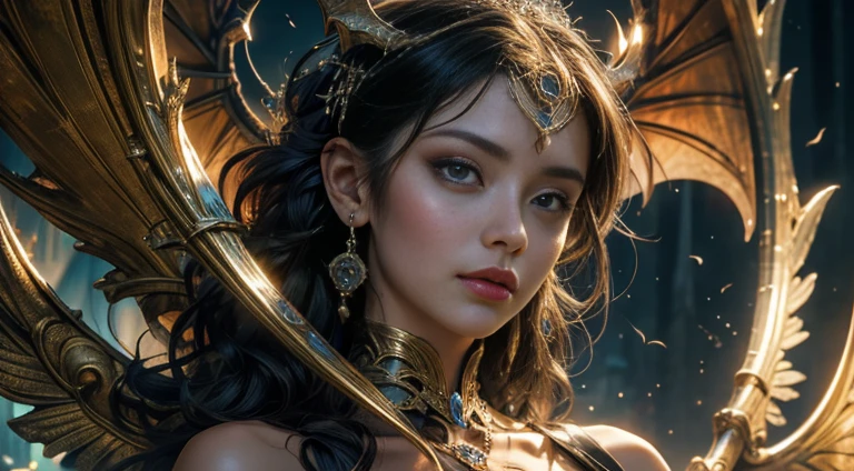 tmasterpiece,top-quality,best qualityer,offcial art,Beauty and aesthetics:1.2),(tmasterpiece:1.3), (8K, realisticlying, RAW photos, best qualtiy: 1.4), beauitful face, (photorealiscic face),Ultra-high resolution, Ultra photo realsisim, highly detailed, the golden ratio, (with dynamism:1.3),(Saturation:1.3),illusory engine, (High detail: 1.9),(femele:1.4),(Large breasts),woman,Dragon's horn,A pair of bat wings,The background is the ruins of a medieval city,Bust,dramaticagia)