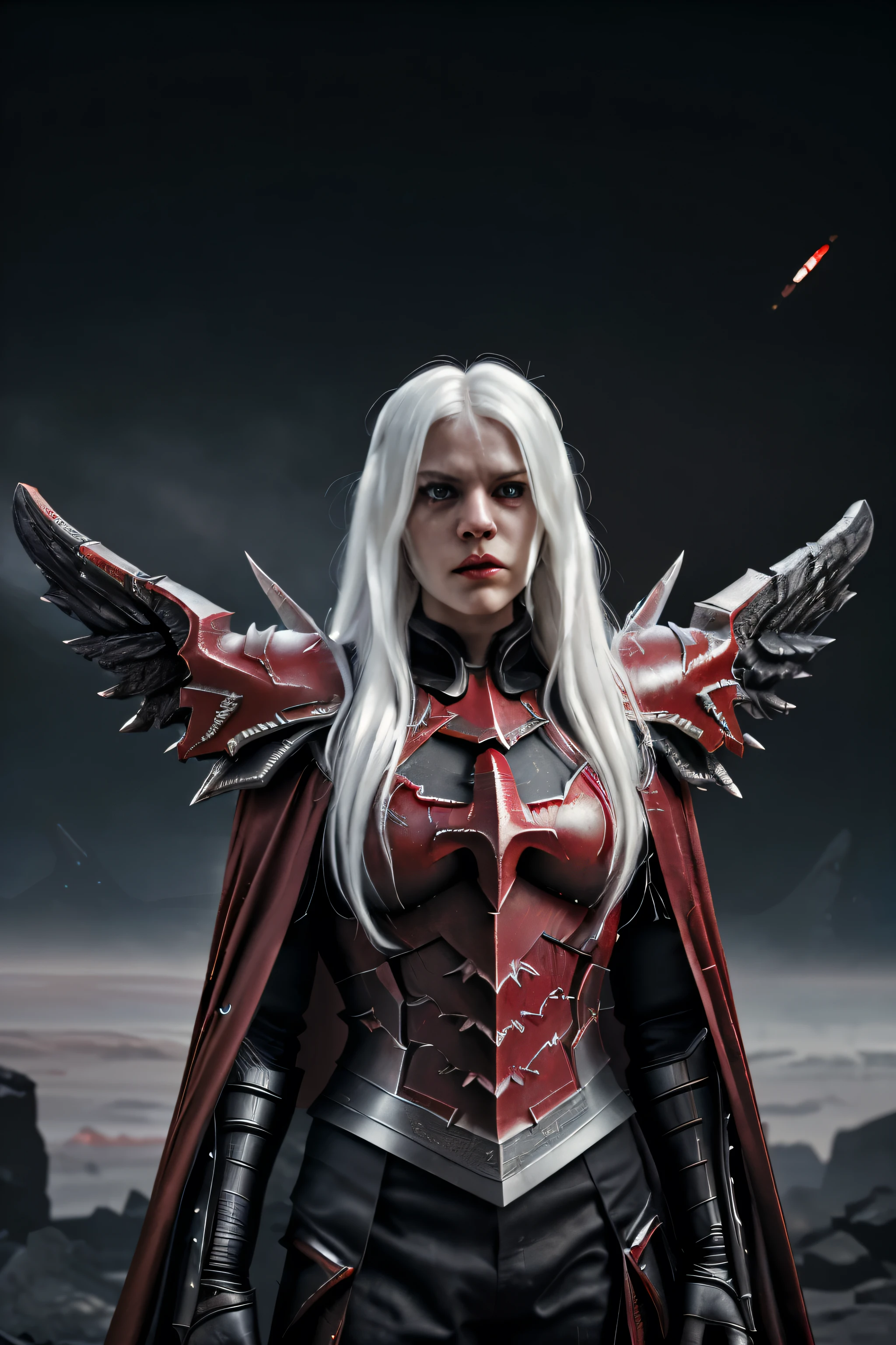 Lucifer(warhammer armour), bright red eyes, long white hair, angry face, wearing a warhammer armour(black-red), Red cape, in a galactic kingdom, scifi kingdom, dark night, ethereal lights in the air, ultra-realistic, 8k, full image.