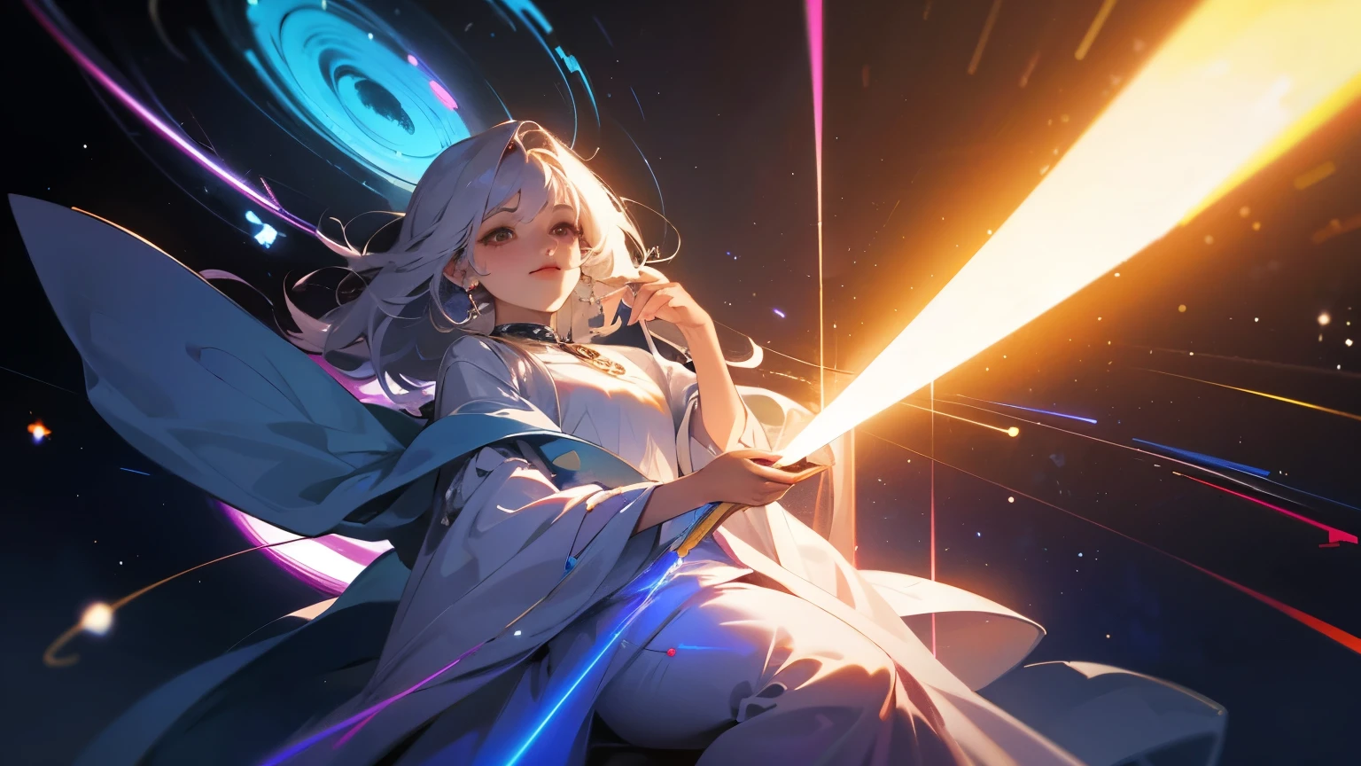 receiving therapy from the Universe with the universal source connection, rodeada de luces que vienen desde el espacio a la tierra en forma de ideas y sabiduria