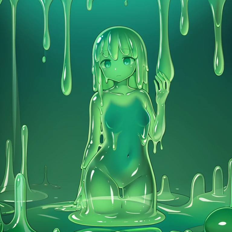 Humanoid slime, translucent body, green, see-through, gelatinous, thick, simple background