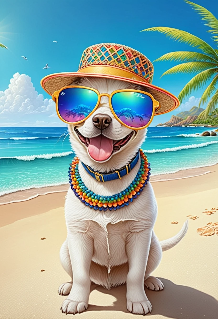 A whimsical and charming illustration of a cute, fluffy pet animal happily sunbathing on a tropical beach vacation. The pet is wearing a small, adorable sun hat and aviator sunglasses. The background features a crystal-clear blue ocean, palm trees swaying in the breeze, and a vibrant rainbow arching over the sky. The overall feeling of the image is cheerful and playful, evoking a sense of relaxation and fun, (masterpiece, best quality, Professional, perfect composition, very aesthetic, absurdres, ultra-detailed, intricate details:1.3)