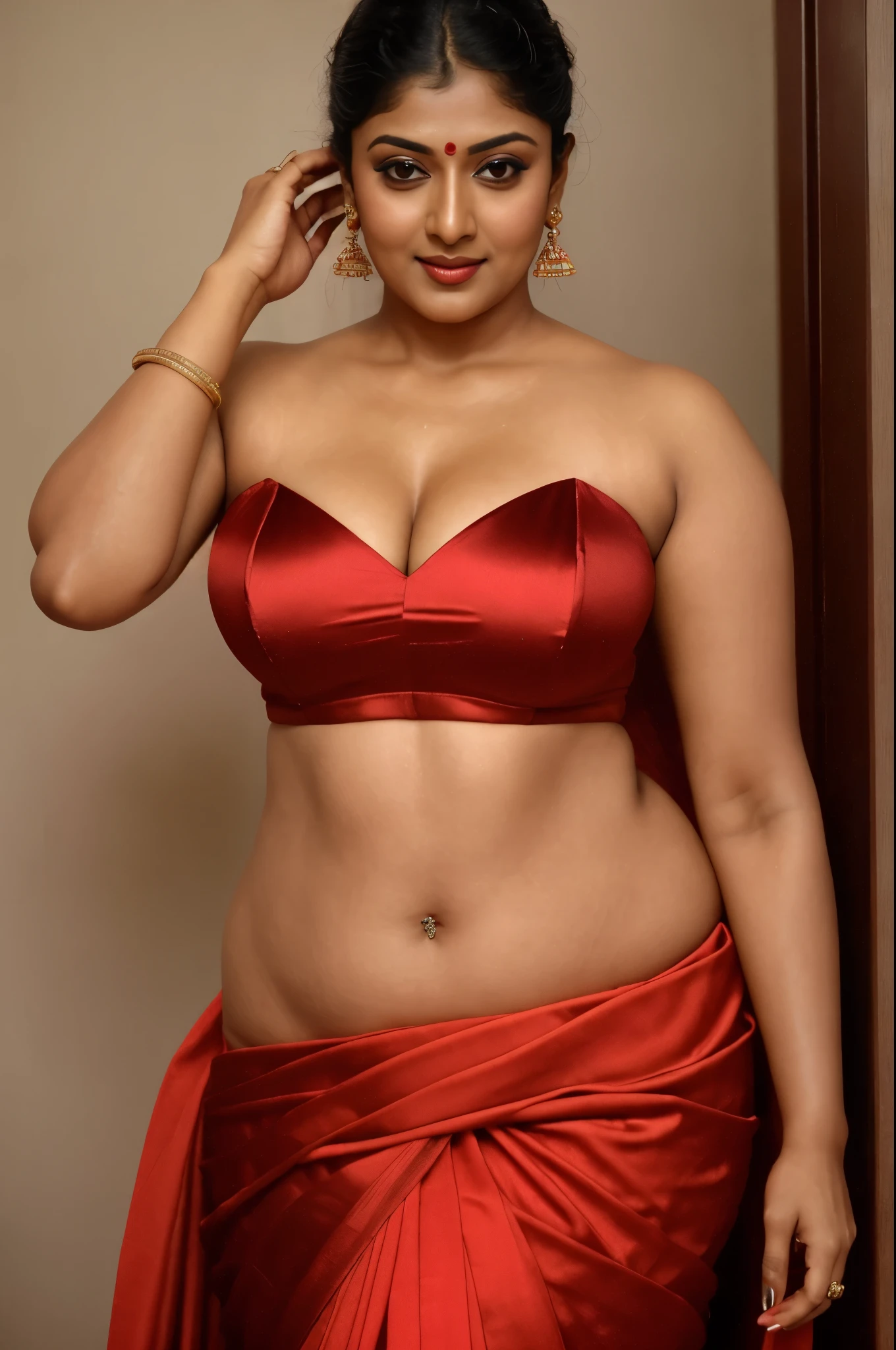 Wearing a sexy satin saree with strapless Bra, sexy Indian housewife, Looks like Indian Actress Nayanthara, actress Nayanthara, mallu, mallu aunty, desi aunty, full figured mature beauty,  sweaty skin , shining skin, sweat, attractive figure, 48 years old, spicy hot, desi milf, desi aunty, a close up of a woman in a red dress in a bedroom, inspired by Avigdor Arikha, sleek!!!, indian super model, wavy hair combed to one side, actress, by Jitish Kallat, smoldering, intense smoldering, fashion, an angel, print ready, with a dramatic looking, inspired by Sudip Roy, seductive look, sexy Saree queen, sexy Saree fashion, seductive Saree,  wear saree, sizzling hot Beauty, red juicy lips, detailed armpits, 