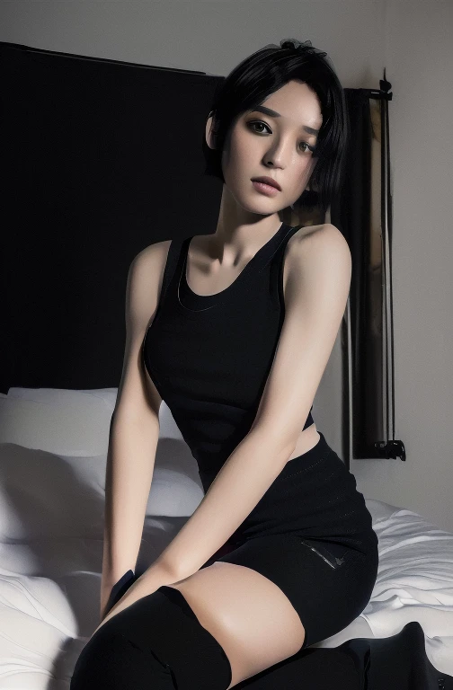 ((Top Quality, 8k, Masterpiece: 1.4)), japanese woman, ((very short cut, skinny:1.4)), ((30 years old:1,0)), ((looking at viewer:1.4)), inside bedroom, ((black kneehighs, black tank top:1.4)),