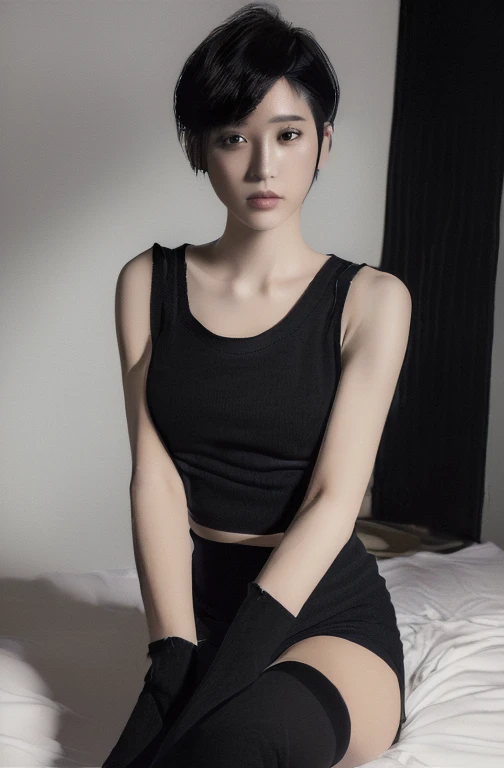 ((Top Quality, 8k, Masterpiece: 1.4)), japanese woman, ((very short cut, skinny:1.4)), ((30 years old:1,0)), ((looking at viewer:1.4)), inside bedroom, ((black kneehighs, black tank top:1.4)),