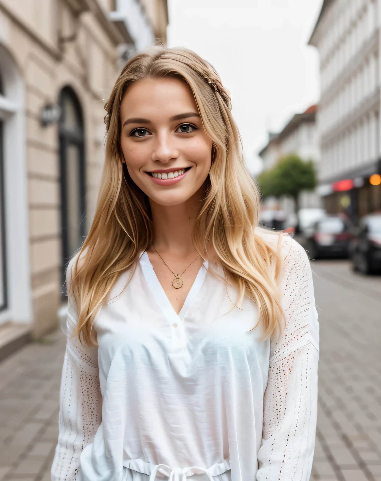 (beautiful, detailreiches Haar blond, whole body shot in the city ), (Adorable freckles), (charming smile, schelmischer Ausdruck), (verspielte Pose), (langen outfit), (wunderliche Brise, wallende Haare), (Bokeh-Hintergrund), (lebendige Farben, rich tones), (froh, sorglos), (fesselnd, Zauberhaft)