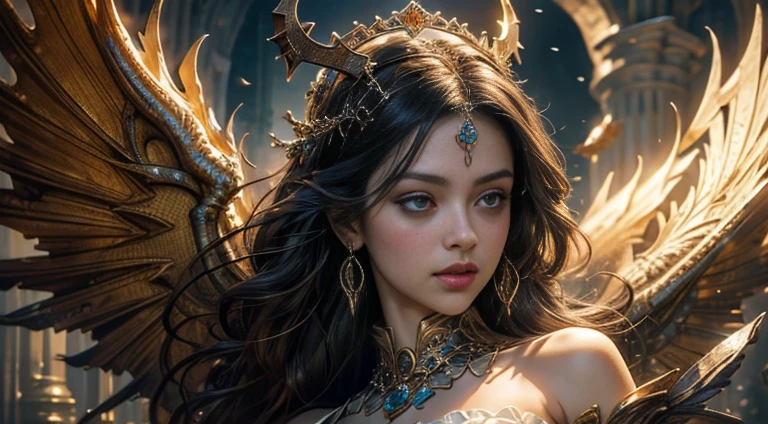 tmasterpiece,top-quality,best qualityer,offcial art,Beauty and aesthetics:1.2),(tmasterpiece:1.3), (8K, realisticlying, RAW photos, best qualtiy: 1.4), beauitful face, (photorealiscic face),Ultra-high resolution, Ultra photo realsisim, highly detailed, the golden ratio, (with dynamism:1.3),(Saturation:1.3),illusory engine, (High detail: 1.9),(femele:1.4),(Large breasts),woman,Dragon's horn,A pair of bat wings,The background is the ruins of a medieval city,Bust,dramaticagia)