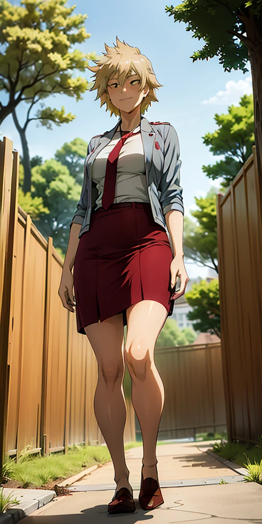 (Full body, view from below, cowboy shot, looking at viewer, masterpiece, best quality, ultra detailed, immaculate:1.2) Mitsuki from MHA, 30 y.o. woman, red eyes, short blonde hair, posing for photo, seductive smile, grey jacket, red necktie, green skirt, Sakura tree, building