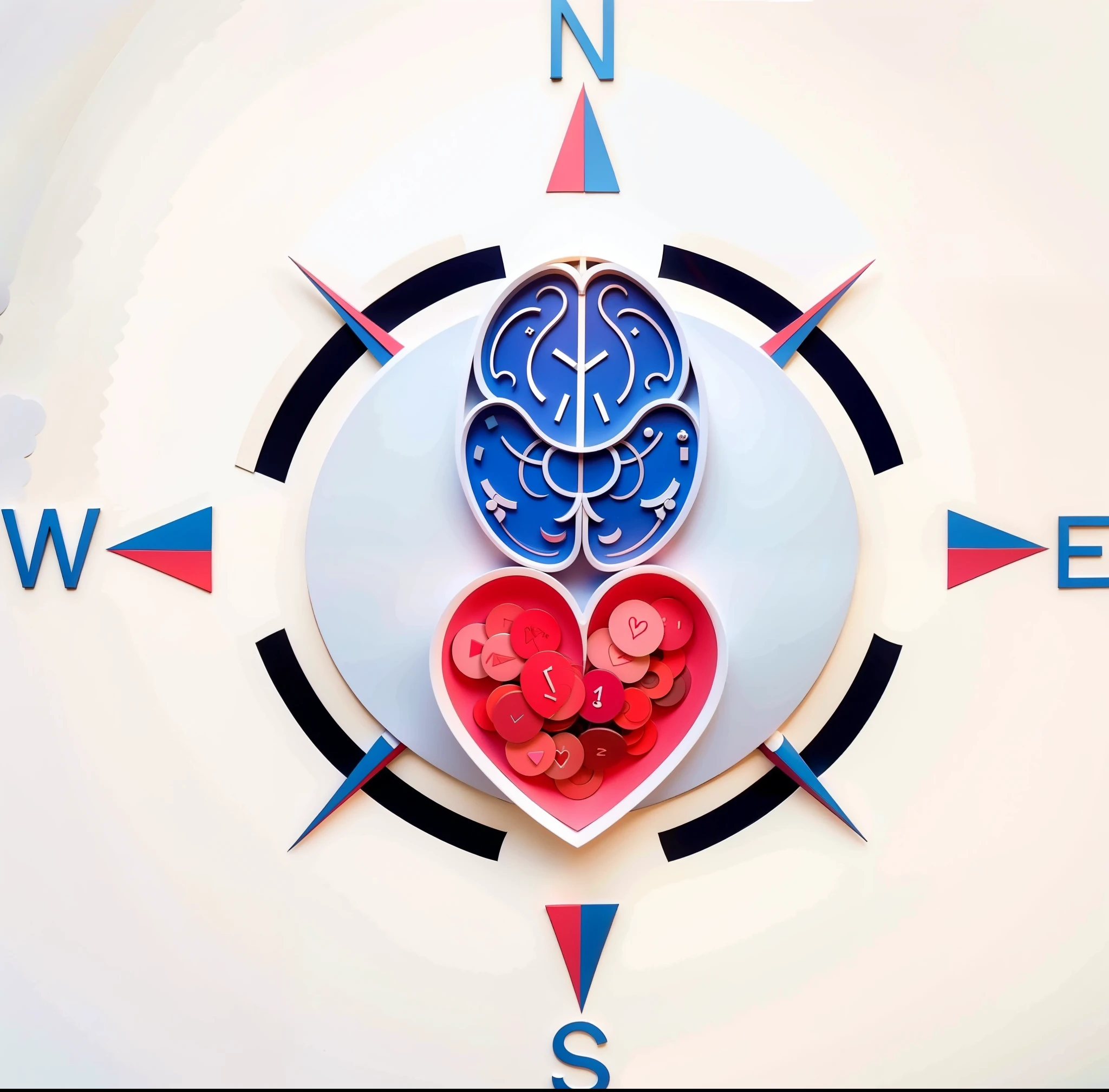 A logo for a company specializing in human resources where the elements are made up of a compass, in the center of this compass there is a drawing of a brain at the top next to the letter N which represents north and below, within the circle, a heart oriented towards the south of the compass the colors used are blue, red and black. a close up of a compass with heart and brain, mechanical heart in center, connected to heart machines, conscience projection, head is Centrado, Centrado in picture, Compass energy flowing, well Centrado, inside the irradiated connection, Neuroscience, complex emotion, video still, easy to understand, mente, Centrado, imagem de perfil, conscience. Logo of a company specializing in human resources where the elements are made up of a compass, in the center of this compass there is a drawing of a blue brain at the top next to the letter N which represents north and below, Inside the circle, a heart oriented towards the south of the compass the colors used are blue, vermelho e preto.