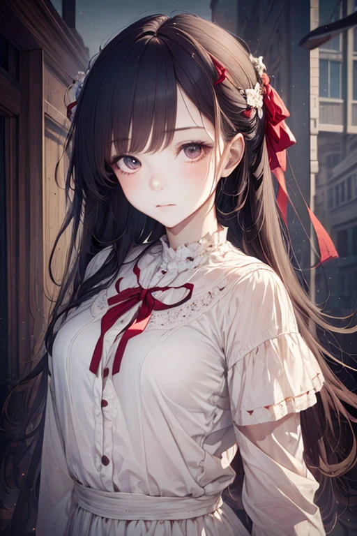 1girl, modern and casual outfit, Red ribbon on her chest, cinta blanca, Red ribbon, peaceful, beautiful detail eyes, full shot, (stylized:1.2), (Highly detailed), (high resolution), (Best quality), (masterpiece)
