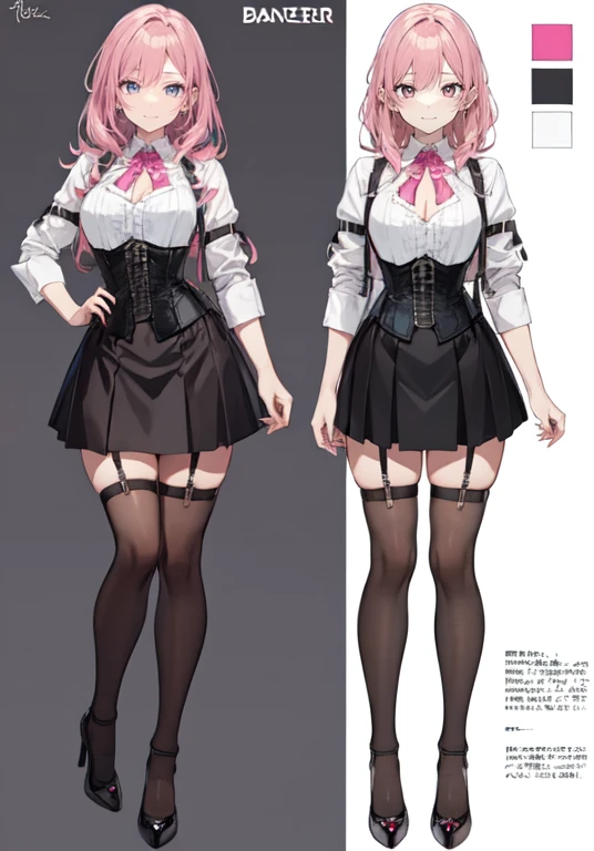 pink hair,Long hair,Adult female,Bartender,((Body harness)),((Rolling up your sleeves shirt)),(Corset),(Tight skirt),Garter belt,High heels,((Simple background)),Smile,((Full body)),((whole body)),Character Sheet,