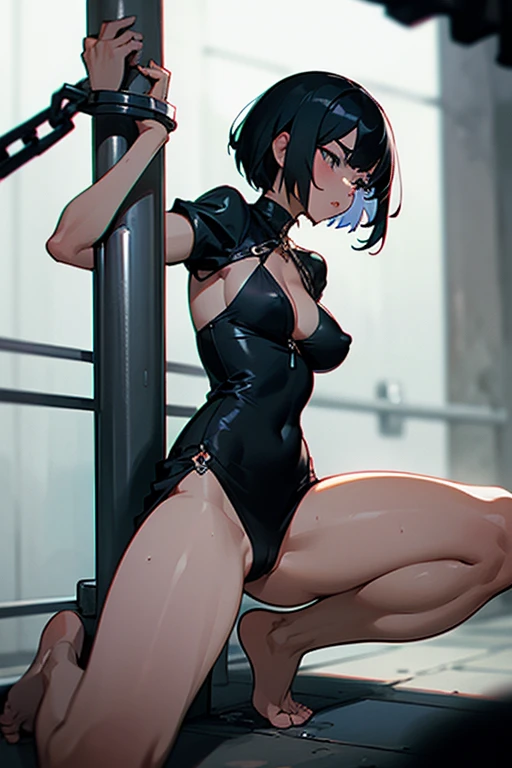 Only One Woman，Black Hair，short hair、Visible nipples、Large size breasts、L Cup Breasts、Woman urinating in prison、Black Dress、Wearing a tight dress、Dress with a slit、Cleavage、Spread your legs、barefoot、Sweat、Front of the body、bondage、Suppressed、Handcuffs、Shackles、Tied to chains、Hairy crotch